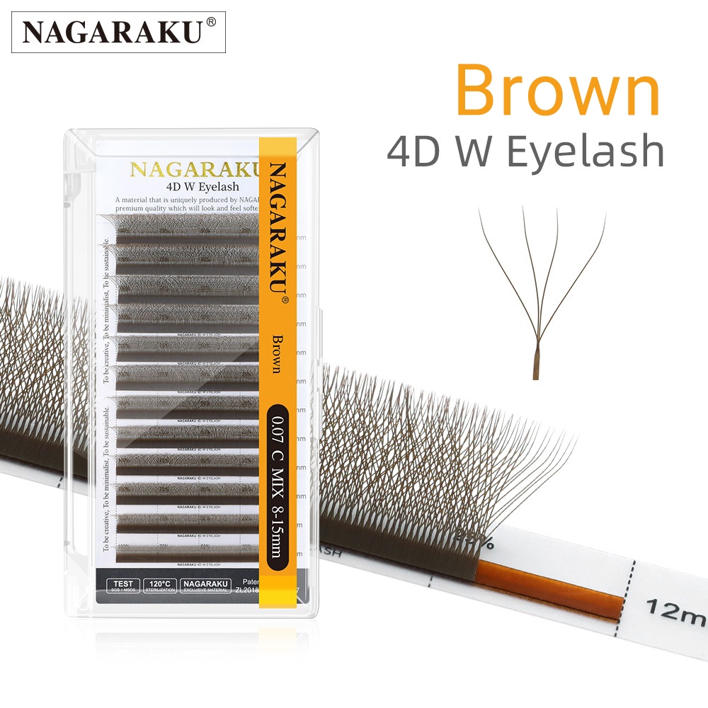 Nagaraku สีน้ําตาล W รูปร่าง 4D ขนตาธรรมชาติหนาแน่น Fluffy Clover ขนตาปลอม