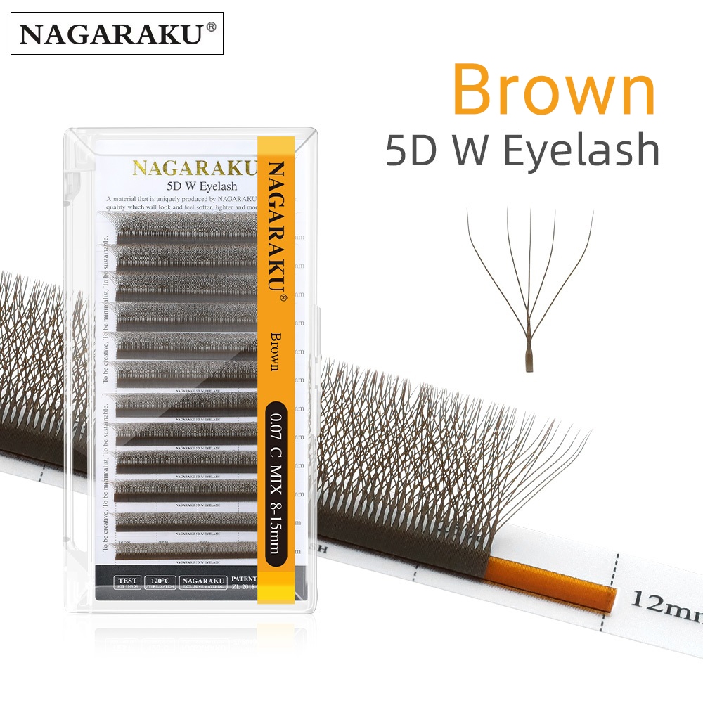 Nagaraku สีน้ําตาล W รูปร่าง 5D ขนตาธรรมชาติหนาแน่น Fluffy Clover ขนตาปลอม