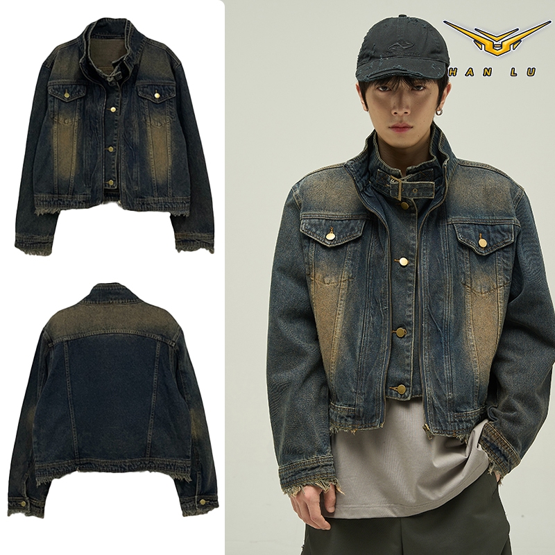 HANLU เสื้อยีนส์สั้นสําหรับผู้ชายอเมริกันอินเทรนด์ สูงสุด