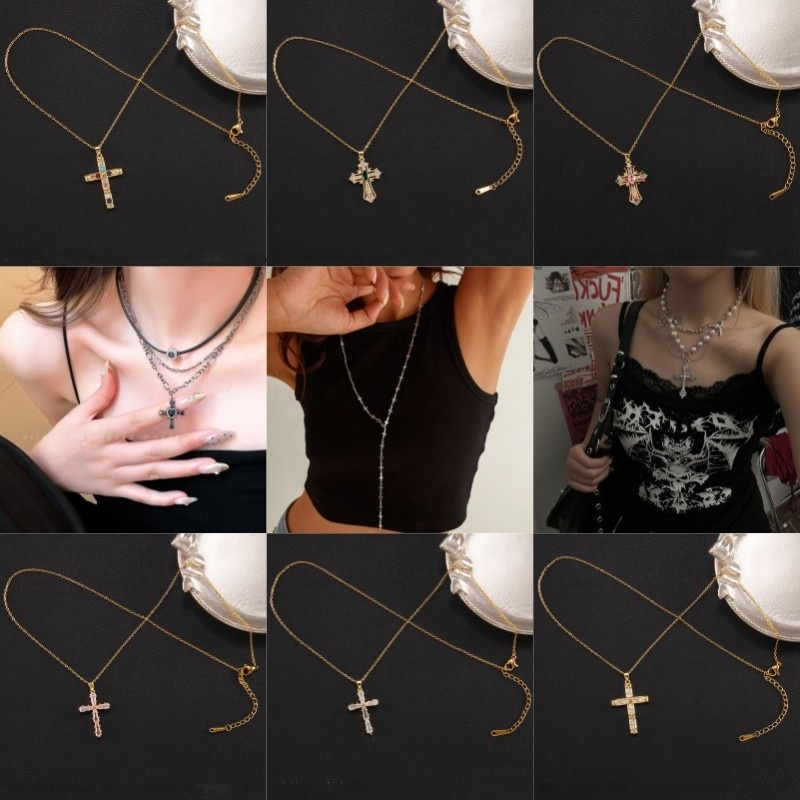 Punk แฟชั่น Retro Zircon Cross สร้อยคอไทเทเนียมเหล็กสร้อยคอผู้หญิงเครื่องประดับวินเทจของขวัญ