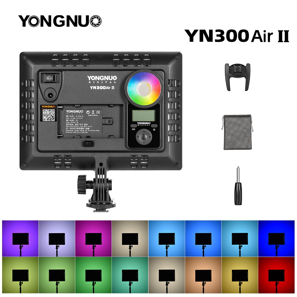 Yongnuo YN300AIR II RGB ไฟ LED กล้องวิดีโอ, แบตเตอรี่อุปกรณ์เสริมพร้อมชุดชาร์จไฟถ่ายภาพ + อะแดปเตอร์ AC