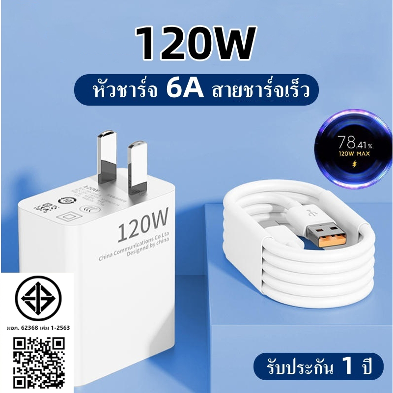 (สายชาร์จเร็ว+หัวชาร์จ) ชุดชาร์จเร็ว 120W Fast Charge หัวชาร์จ สายชาติเร็ว type c 6A ซูเปอร์แฟลชชาร์จ รับประกัน1 ปี