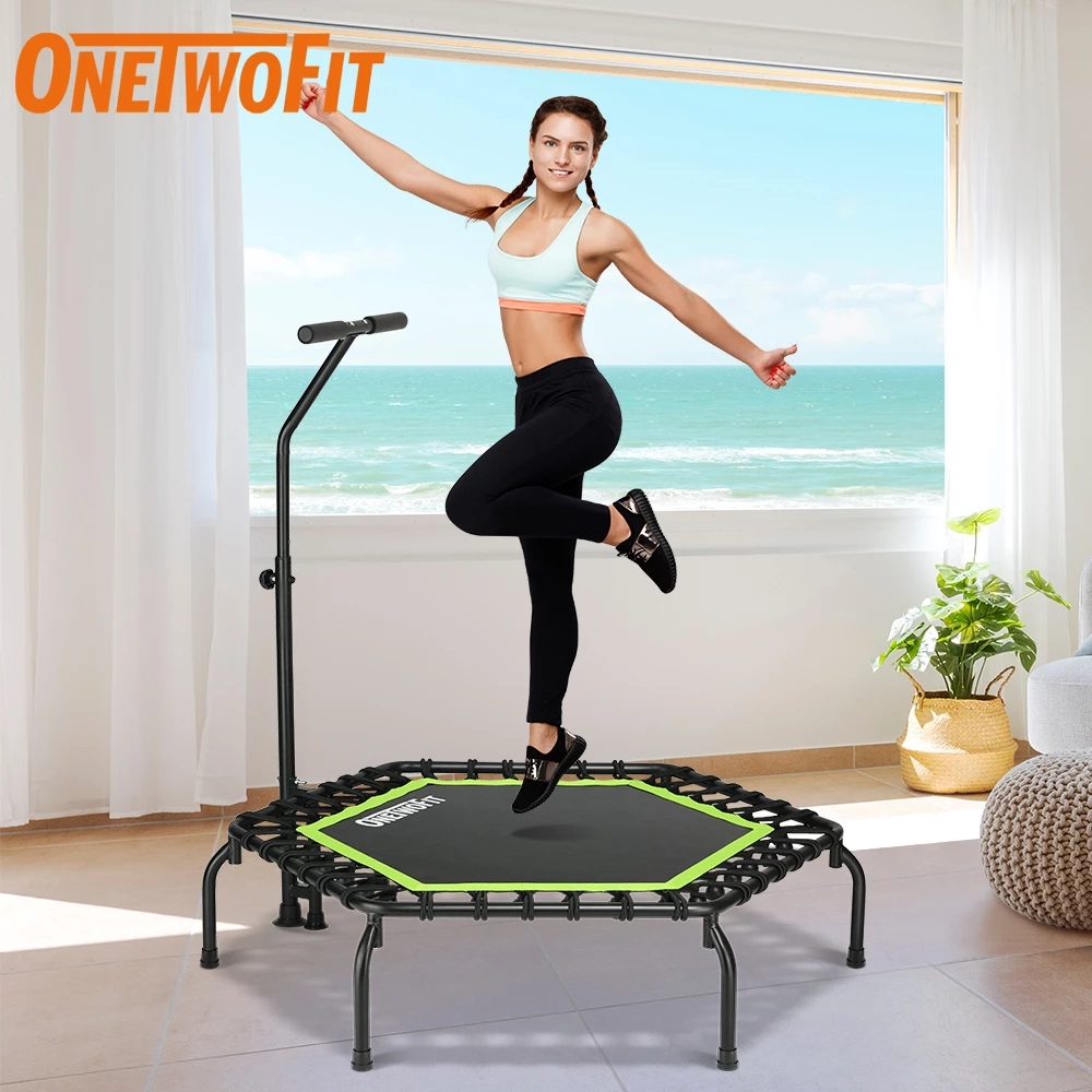 OneTwoFit แทรมโพลีน เตียงกระโดด 50 นิ้ว Trampoline หกเหลี่ยม ราวจับปรับความสูงได้ 5 ระดับ สปริงแข็งแรง เสียงเงียบ แทมโพลีน