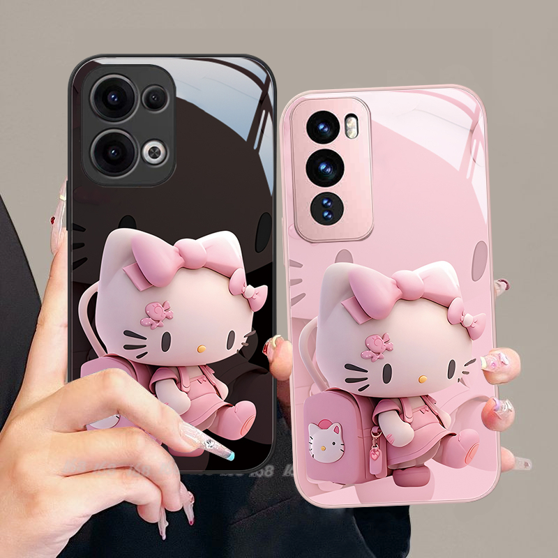 เคส OPPO Reno 14 13 13F 14F 12 Reno13 5G เคส OPPO Reno 14 13 12 Pro 5G เคสน่ารักโบว์การ์ตูนคิตตี้แมวกันกระแทกหรูหราของเหลวแก้วซิลิโคนนุ่มขอบโทรศัพท์สําหรับนักเรียนหญิง