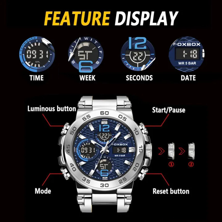 FOXBOX นาฬิกาผู้ชาย จอแสดงผลแบบดิจิตอลคู่ LIGE นาฬิกาข้อมือ	กีฬากันน้ำ นาฬิกา โครโนกราฟเรืองแสงควอตซ์ - รูปที่ 6
