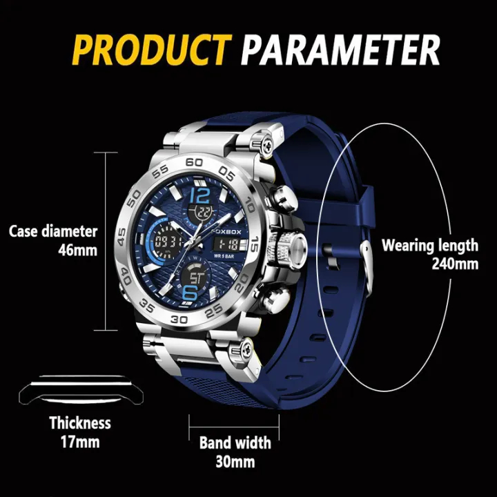 FOXBOX นาฬิกาผู้ชาย จอแสดงผลแบบดิจิตอลคู่ LIGE นาฬิกาข้อมือ	กีฬากันน้ำ นาฬิกา โครโนกราฟเรืองแสงควอตซ์ - รูปที่ 7