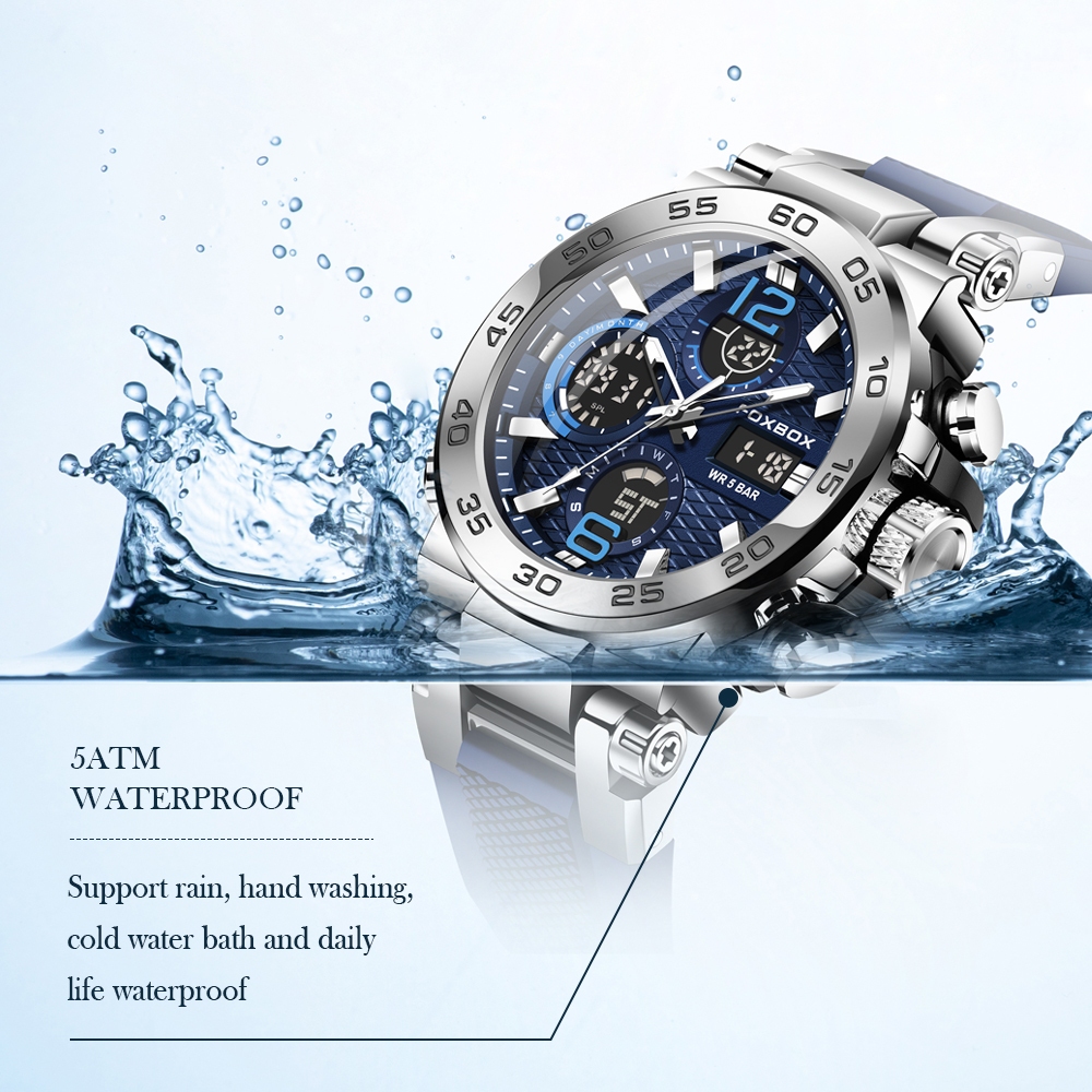 FOXBOX นาฬิกาผู้ชาย จอแสดงผลแบบดิจิตอลคู่ LIGE นาฬิกาข้อมือ	กีฬากันน้ำ นาฬิกา โครโนกราฟเรืองแสงควอตซ์ - รูปที่ 3