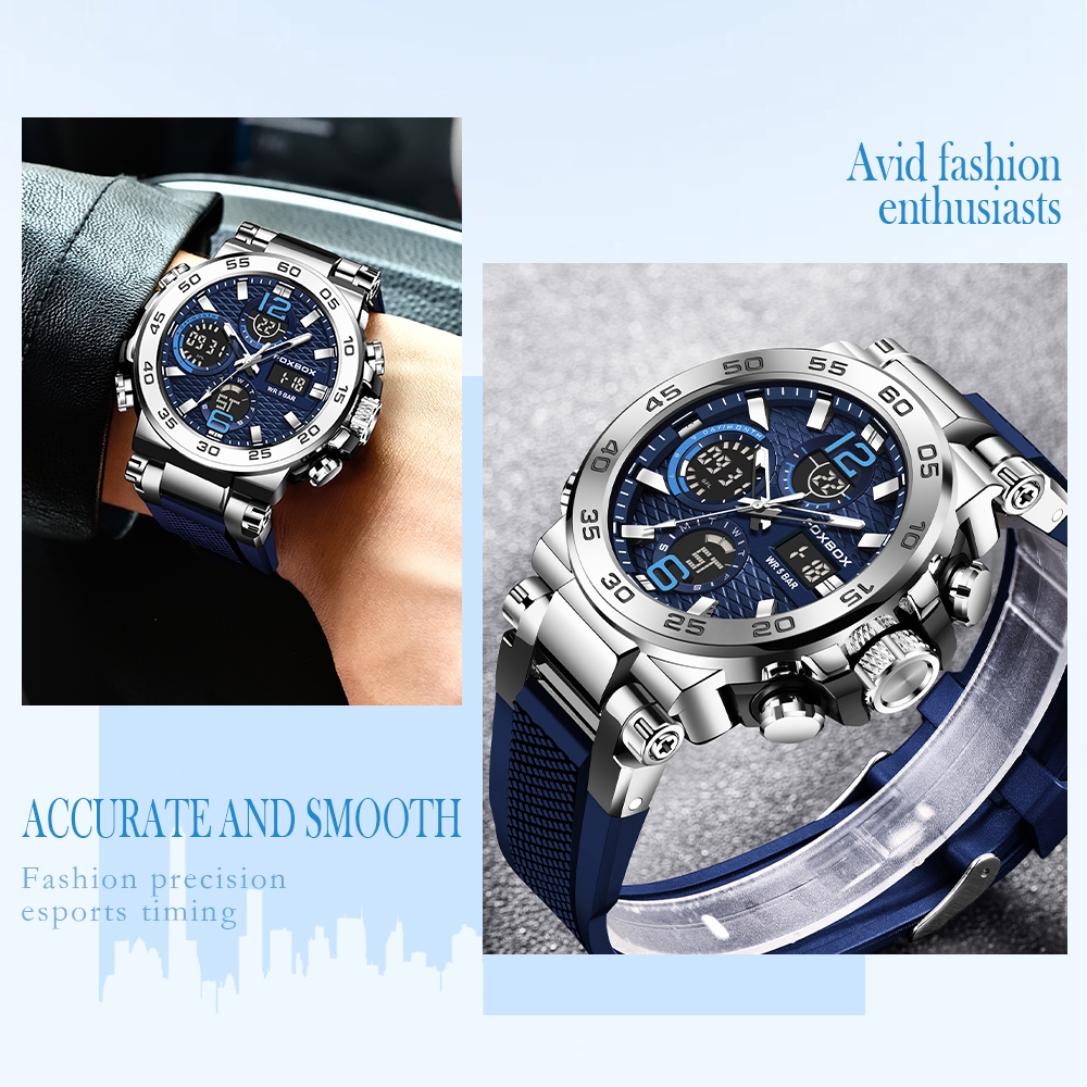 FOXBOX นาฬิกาผู้ชาย จอแสดงผลแบบดิจิตอลคู่ LIGE นาฬิกาข้อมือ	กีฬากันน้ำ นาฬิกา โครโนกราฟเรืองแสงควอตซ์ - รูปที่ 4