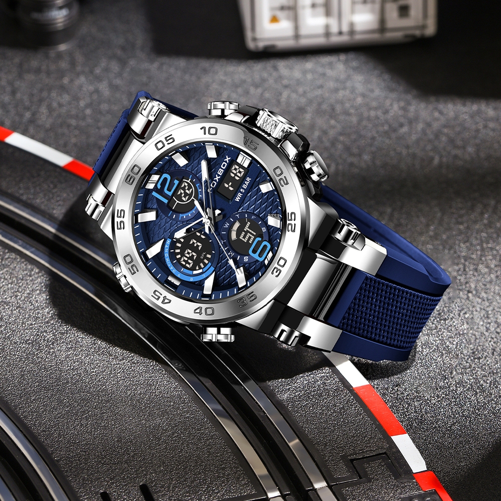 FOXBOX นาฬิกาผู้ชาย จอแสดงผลแบบดิจิตอลคู่ LIGE นาฬิกาข้อมือ	กีฬากันน้ำ นาฬิกา โครโนกราฟเรืองแสงควอตซ์ - รูปที่ 2