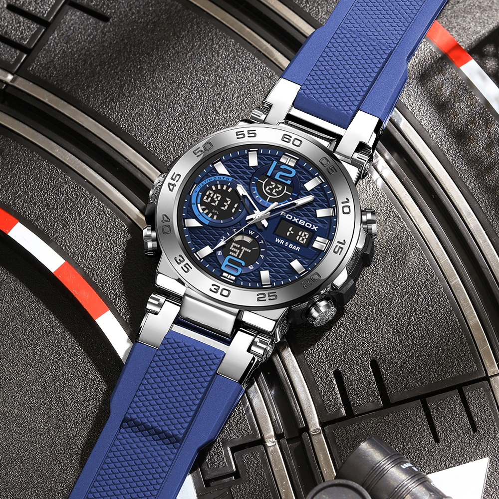 FOXBOX นาฬิกาผู้ชาย จอแสดงผลแบบดิจิตอลคู่ LIGE นาฬิกาข้อมือ	กีฬากันน้ำ นาฬิกา โครโนกราฟเรืองแสงควอตซ์ - รูปที่ 5