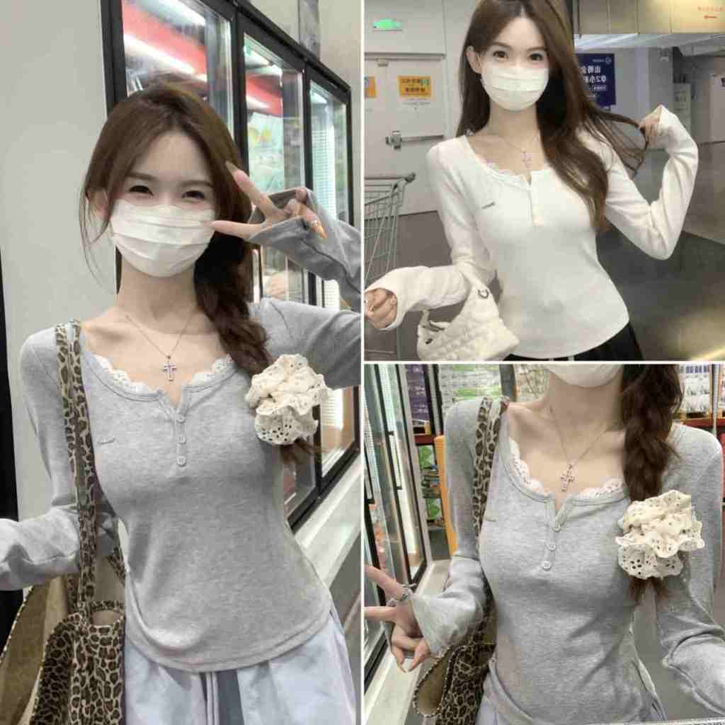 Betty house พร้อมส่ง เสื้อยืดผู้หญิงลายลูกไม้เย็บสไตล์เกาหลี เสื้อยืดแขนยาวกระดุมคอใหญ่เข้ารูป