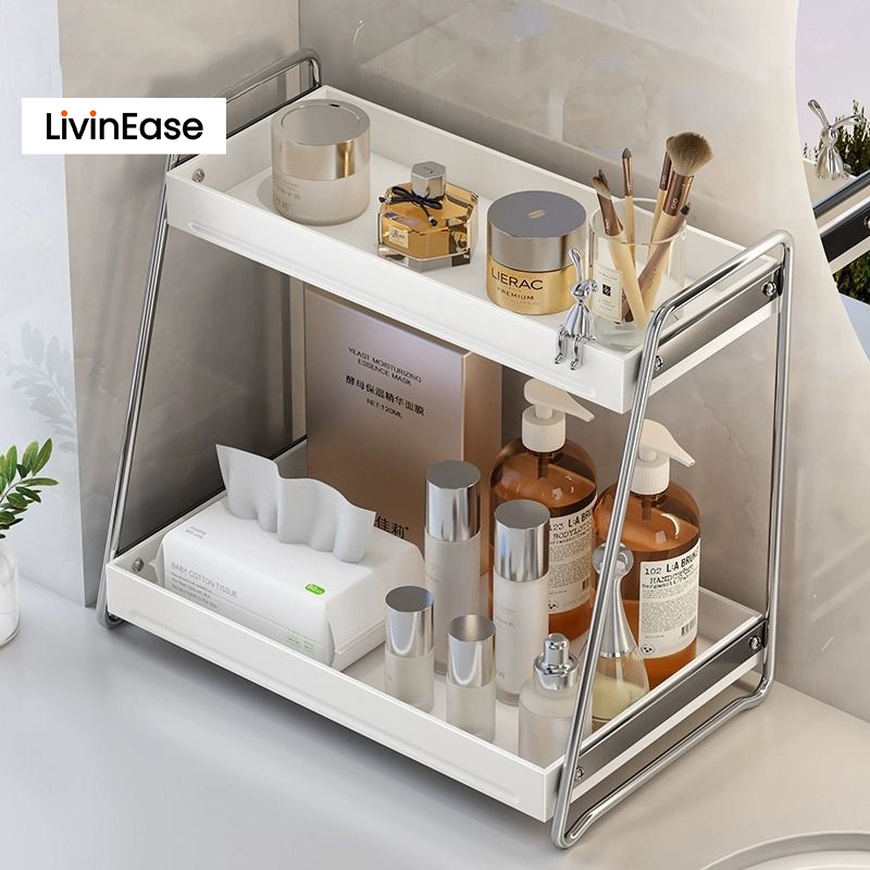 Livinease ชั้นวางเคาน์เตอร์เครื่องสำอาง 33/43cm ชั้นวางเครื่องปรุงรสสแตนเลส 2 ชั้น Make Up Rack