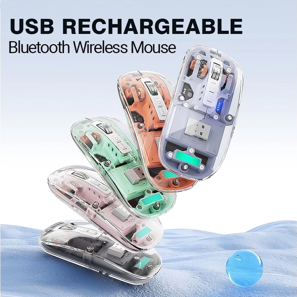 เมาส์บลูทูธแบบชาร์จไฟได้พร้อมไฟ RGB เมาส์เล่นเกมไร้สายสําหรับแล็ปท็อปพีซีการออกแบบโปร่งใส
