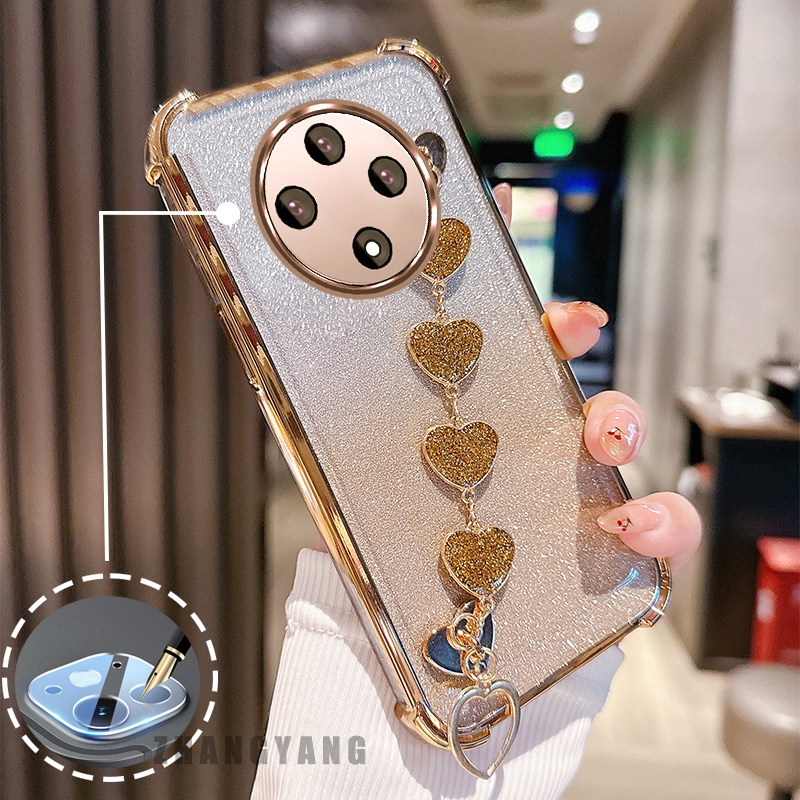 กรณีสําหรับ OPPO reno 12F 5G แฟลช anti drop เคสโทรศัพท์ไฟฟ้าพร้อมสร้อยข้อมือหัวใจน่ารัก TPU โทรศัพท์ซิลิโคนกรณีนุ่ม