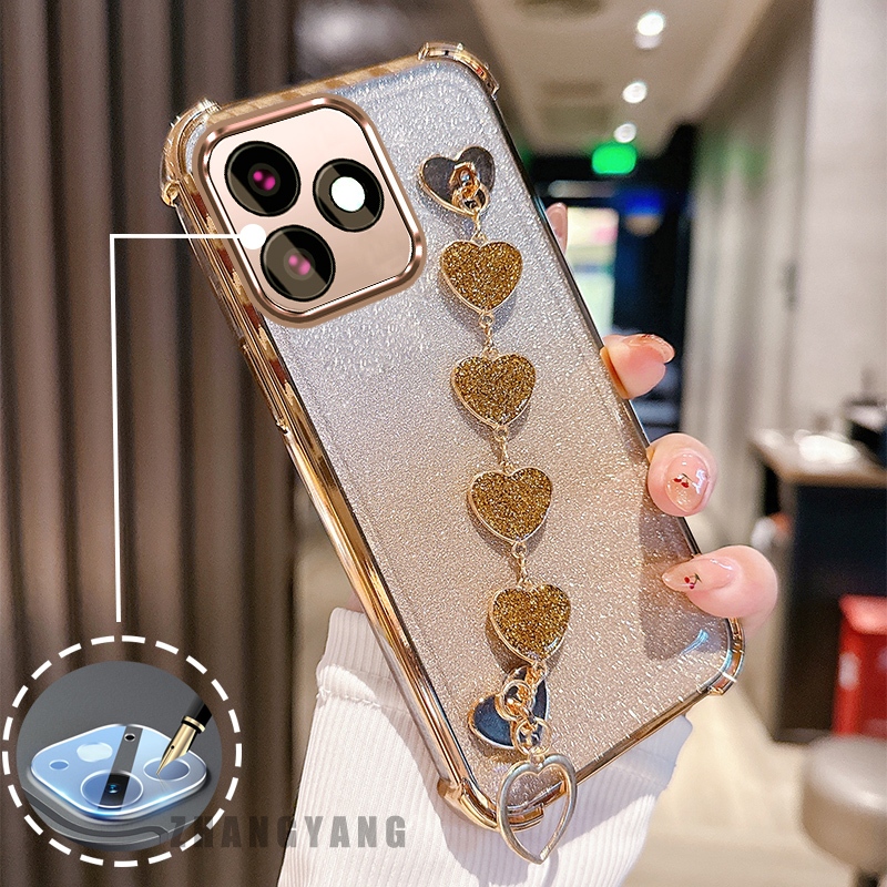 เคสสําหรับ Redmi note 14 note 14 Pro Flash เคสโทรศัพท์เคลือบด้วยไฟฟ้าป้องกันการตกพร้อมสร้อยข้อมือหัวใจน่ารักโทรศัพท์ TPU เคสซิลิโคนนุ่ม
