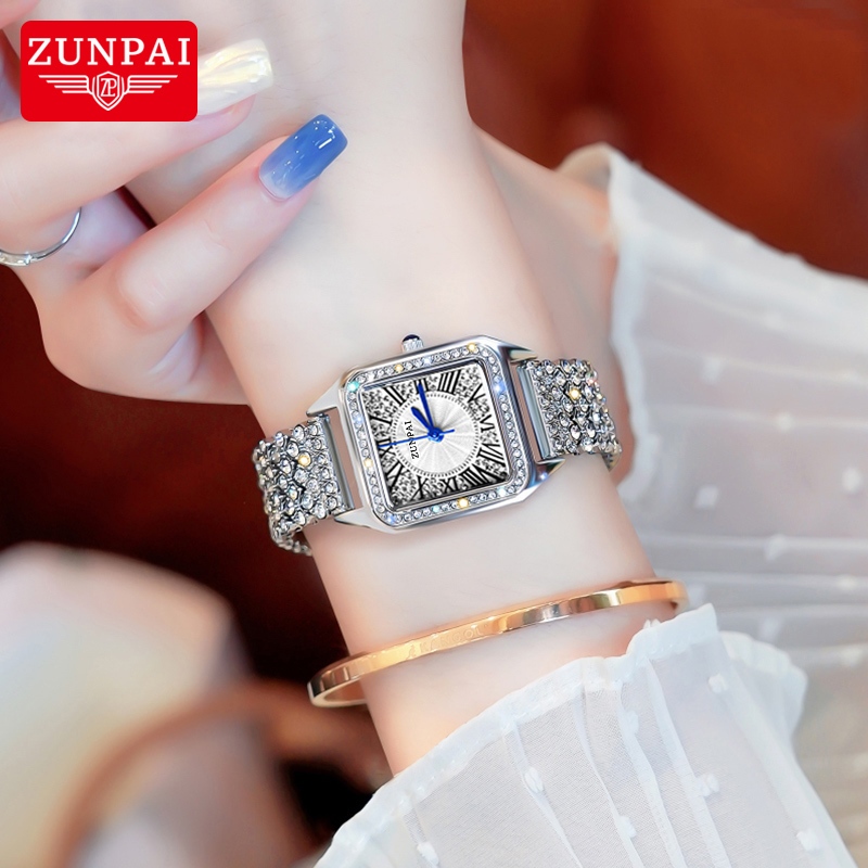 ZUNPAI 253 ของแท้ นาฬิกาผู้หญิงกันน้ำ สายสเตนเลส พร้อมกล่อง ดูเวลา ดูวันที่ เรืองแสง รับประกัน 3 ปี