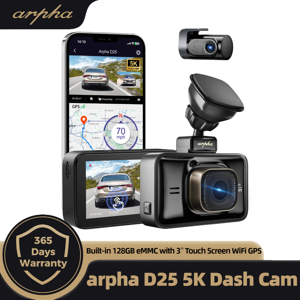 Arpha D25 5K Dash Cam ด้านหน้าและด้านหลังในตัว 128GB eMMC พร้อม 3 หน้าจอสัมผัส 5G WiFi GPS WDR Night Vision 24H โหมดที่จอดรถขับรถ Rocorder