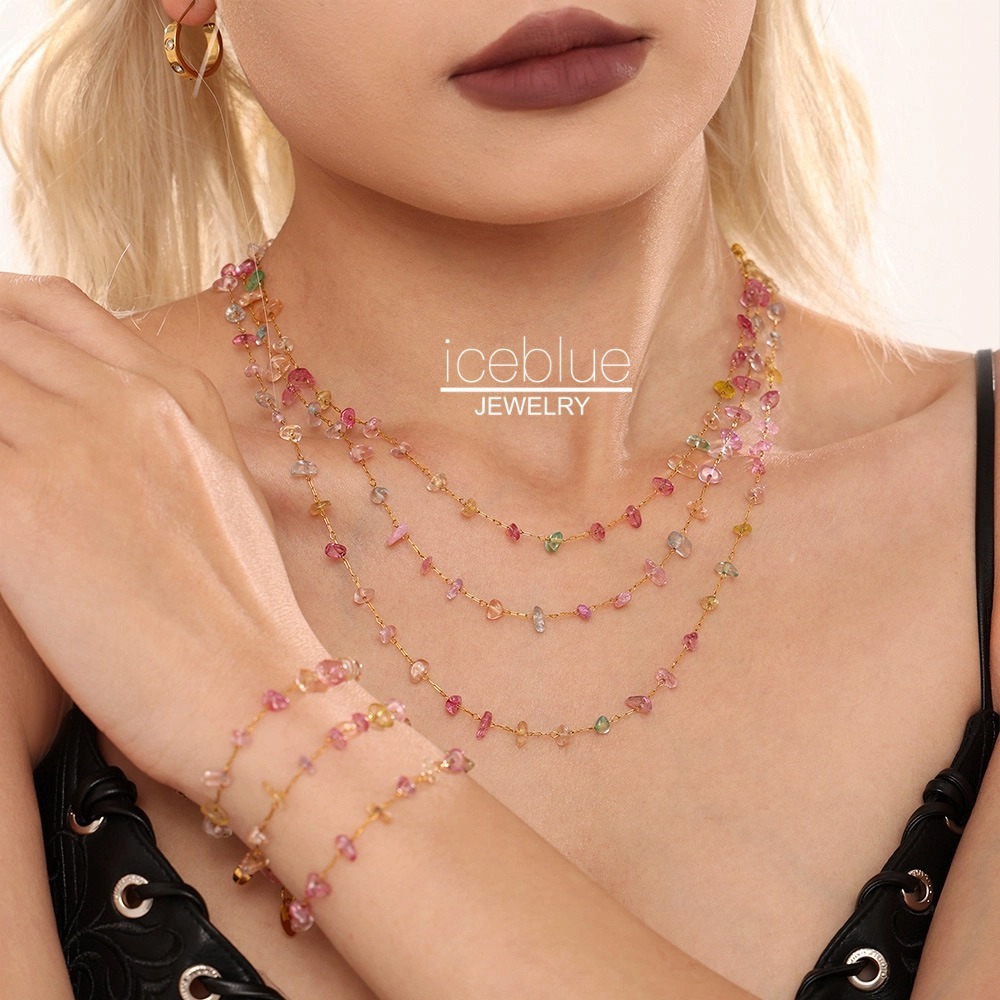 Iceblue-Colorful คริสตัลธรรมชาติหินลูกปัดสร้อยคอสร้อยข้อมือ 18K Gold Plated สแตนเลส Hypoallergenic กันน้ํา Non Tarnish แฟชั่นเครื่องประดับสําหรับผู้หญิง N54 B52