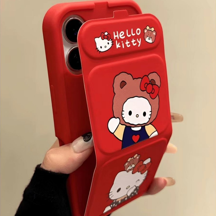 Panda KTแมวรูปแบบป้องกันกรณีสําหรับiPhone15pro 15promax 14 14promax 14 pro 16 pro Maxพลิกพับขาตั้ง16 13 pro 12 11กรณีสีแดง