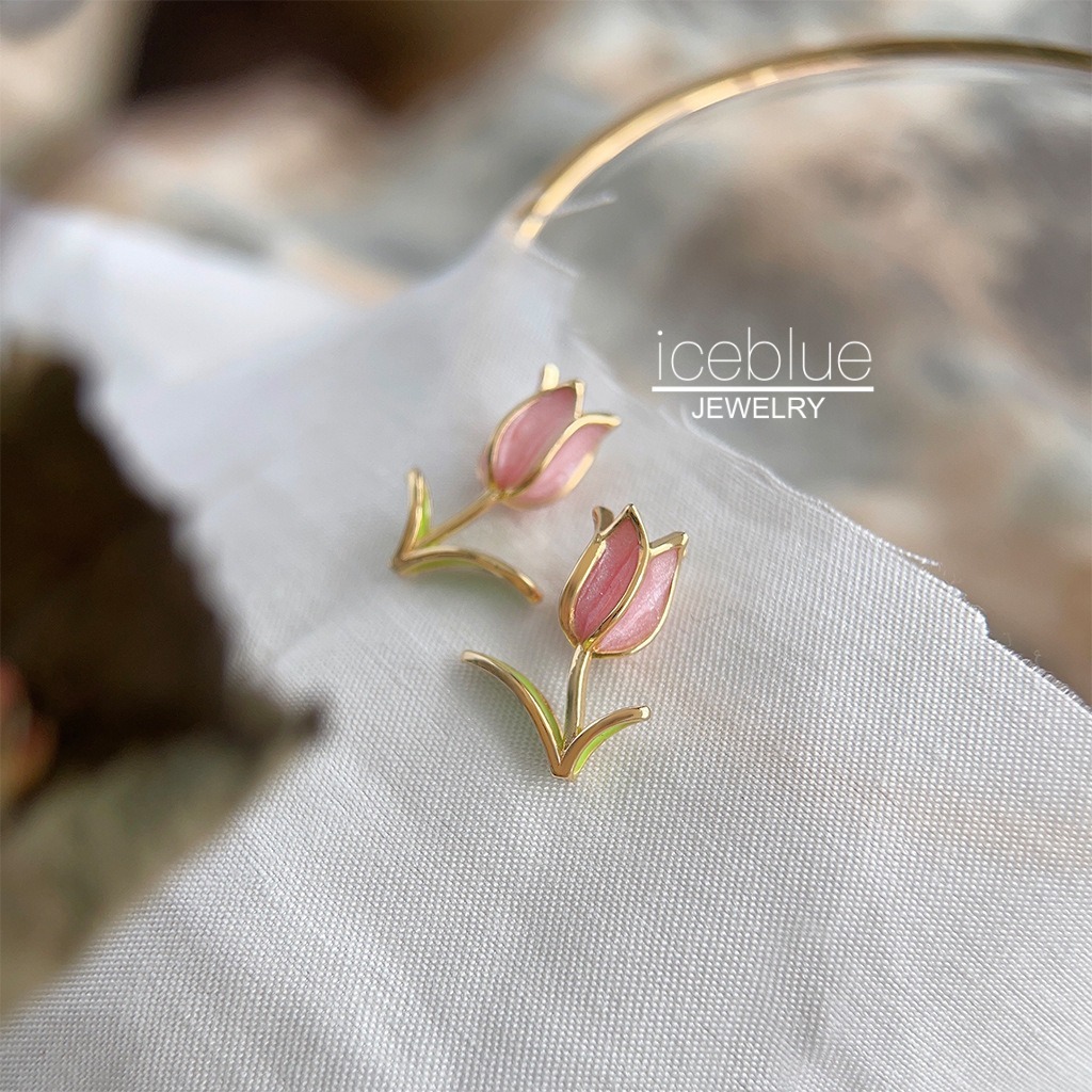 iceblue-ต่างหูติดหูดอกทิวลิปเข็มเงิน S925 ชุบทอง14K กันน้ำ กันเหงื่อ ไม่ซีดสี เครื่องประดับแฟชั่น สำหรับสุภาพสตรี E42