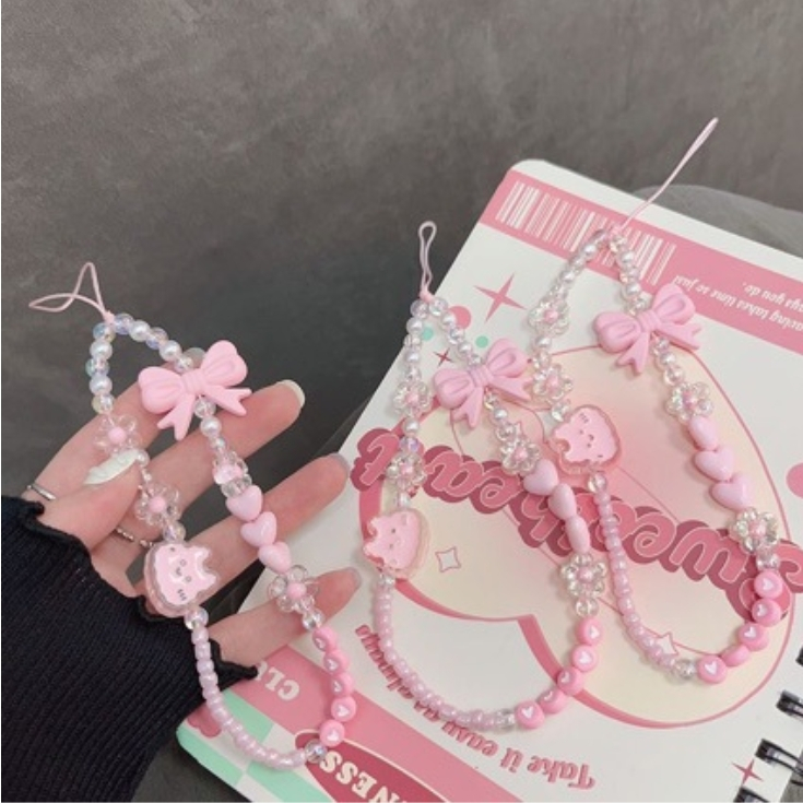 สายคล้องโทรศัพท์มือถือ ญี่ปุ่นเกาหลี อิน โทรศัพท์โซ่เคสโทรศัพท์กล้องกุญแจเชือกเส้นเล็กโบว์ลูกปัดแขวนโซ่