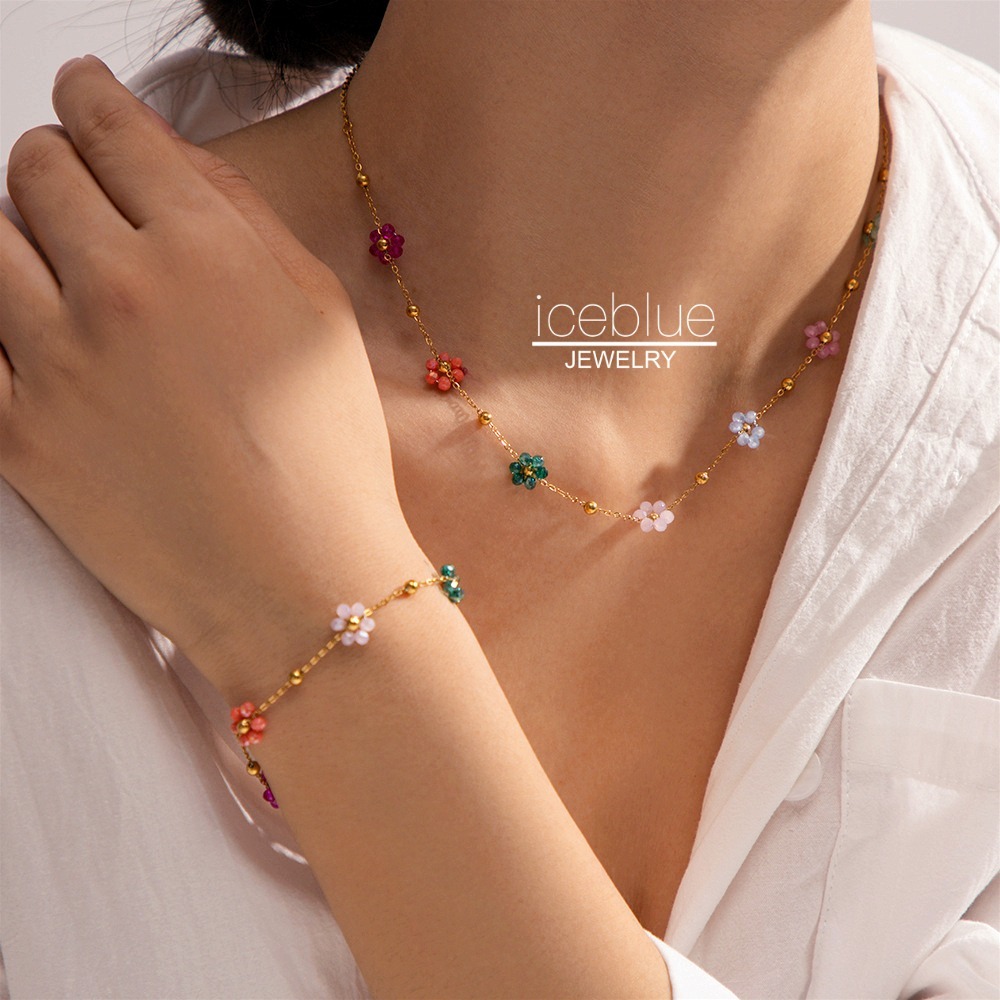 Iceblue-Retro อเนกประสงค์ดอกไม้ที่มีสีสันลูกปัดสร้อยคอ/สร้อยข้อมือ 18K Gold Plated กันน้ํา Non Tarnish เครื่องประดับสแตนเลสไทเทเนียมเหล็กสร้อยคอ/สร้อยข้อมือสําหรับผู้หญิง N58 B42