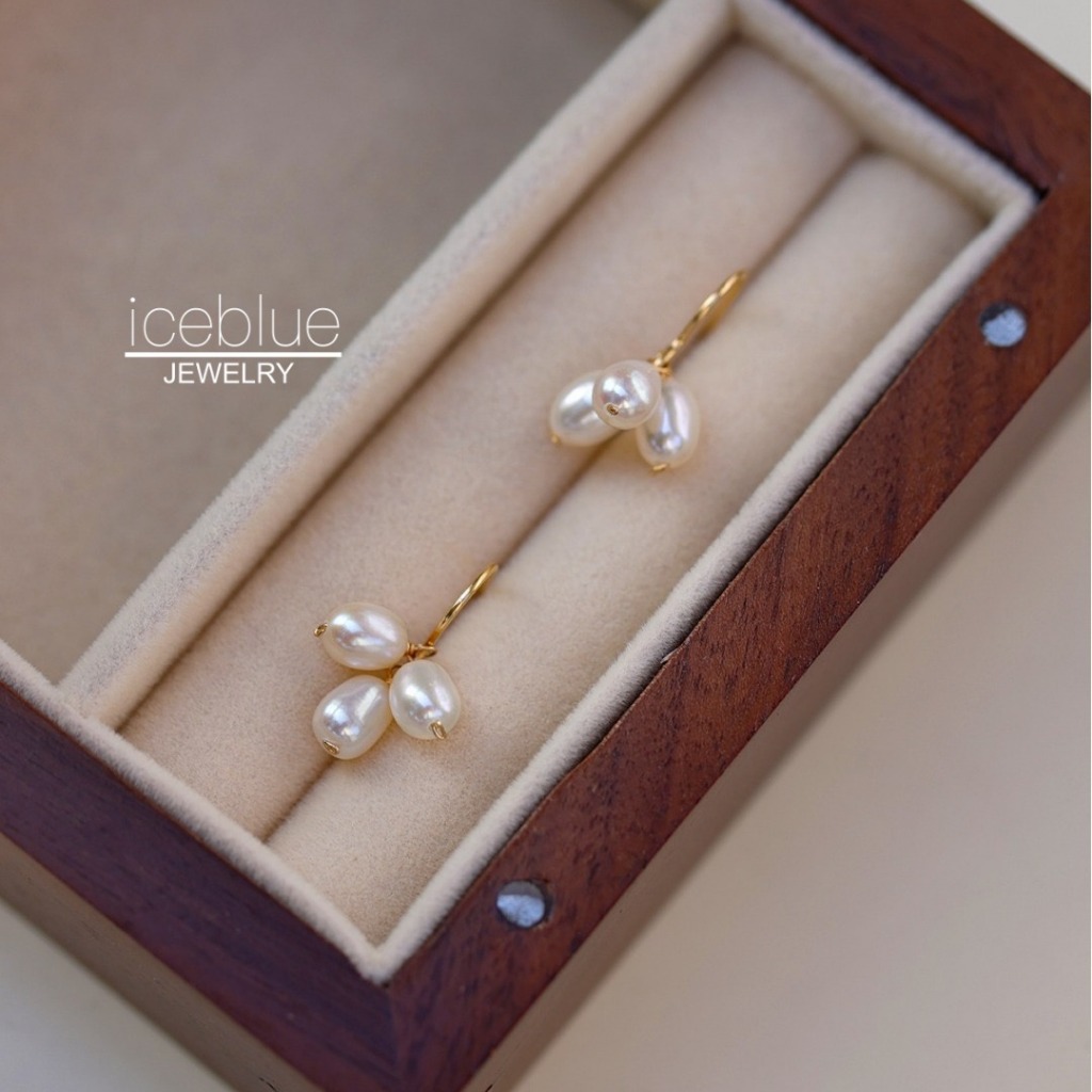 Iceblue-Handmade Dangle จริงน้ําจืด Pearl Hook ต่างหูผู้หญิงกันน้ํา Non Tarnish Hypoallergenic Original Pearl ต่างหู E45