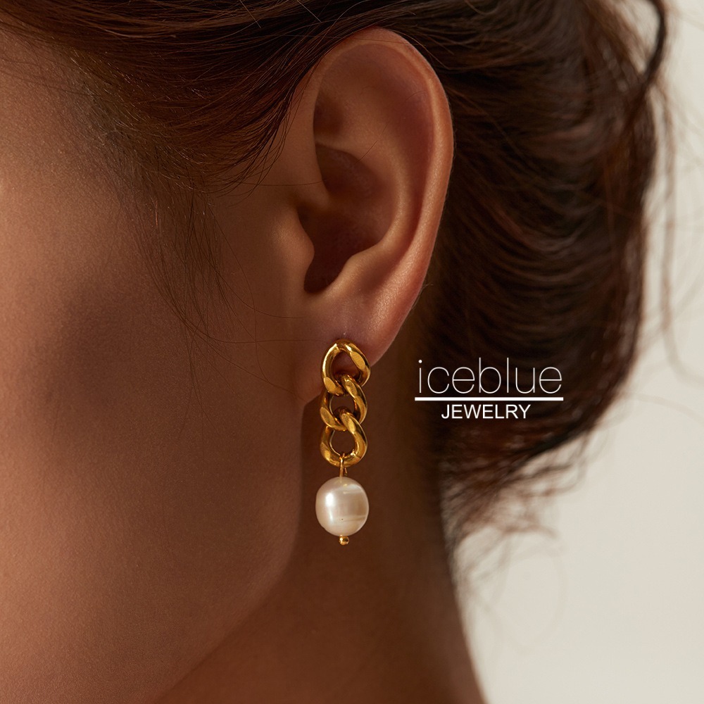 Iceblue-Cun Link Chain ธรรมชาติไข่มุกน้ําจืดจี้หูต่างหู 18K Gold Plated กันน้ํา Non Tarnish เครื่องประดับสแตนเลสต่างหูเหล็กไทเทเนียมสําหรับผู้หญิง E51