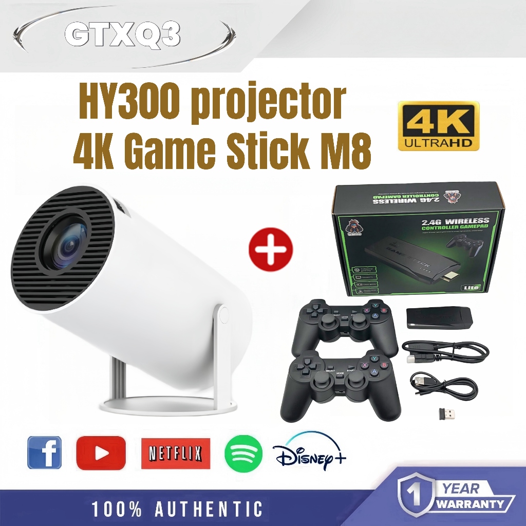 HY300 โปรเจคเตอร์แบบพกพา + M8 เกมคอนโซลชุด 4K HD Android 11.0 5G Wifi + บลูทูธ 4.2 gaming stick M8 2