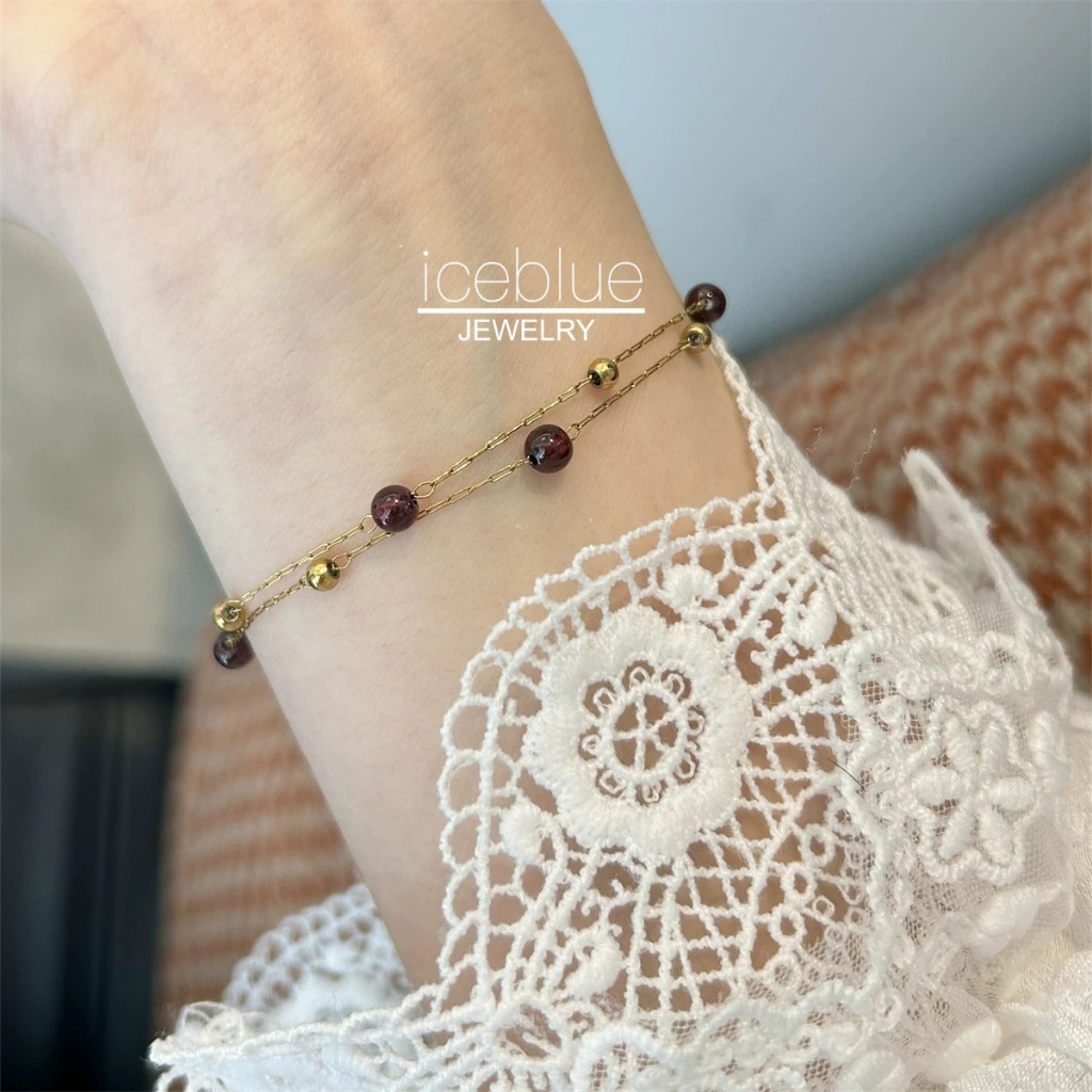 Iceblue-ธรรมชาติสีแดงโกเมนสร้อยข้อมือลูกปัด18K Gold Plated Non Tarnishสร้อยข้อมือกําไล316Lสแตนเลสสร้อยข้อมือเหล็กไทเทเนียมสําหรับผู้หญิงB02