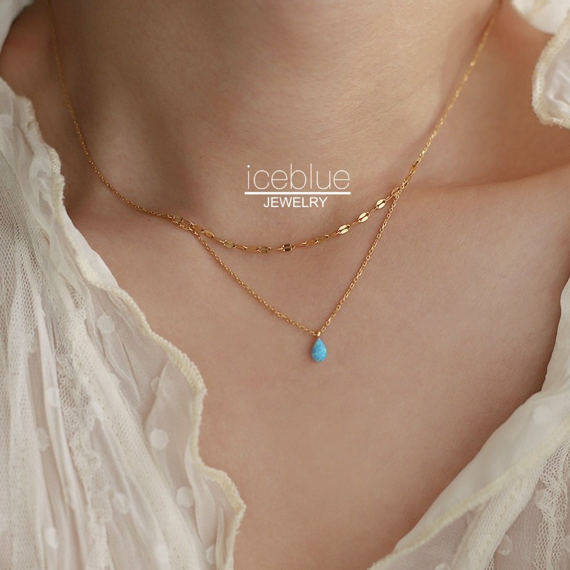 【iceblue】สร้อยคอแฟชั่นผู้หญิง จี้หยดน้ำโอปอลสีฟ้า 2 ชั้น ทอง 18K กันน้ำ ไม่หมอง ไม่เป็นสนิม สแตนเลสเ