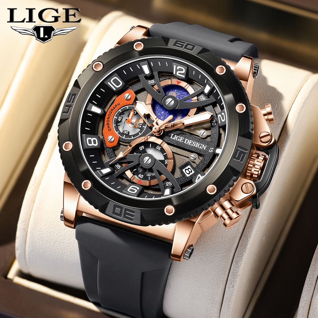LIGE นาฬิกาแฟชั่นลําลอง Creative Chronograph สายซิลิโคนวันที่ส่องสว่างกันน้ํานาฬิกาผู้ชาย
