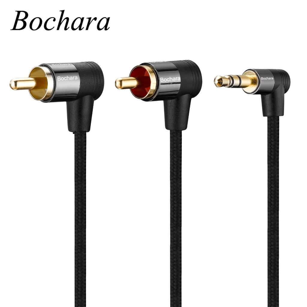Bochara Braided 90 องศาแจ็ค 3.5 มม.ถึง 2RCA OFC สายสัญญาณเสียงชุบทองสําหรับลําโพงมิกเซอร์เครื่องขยายเสียง