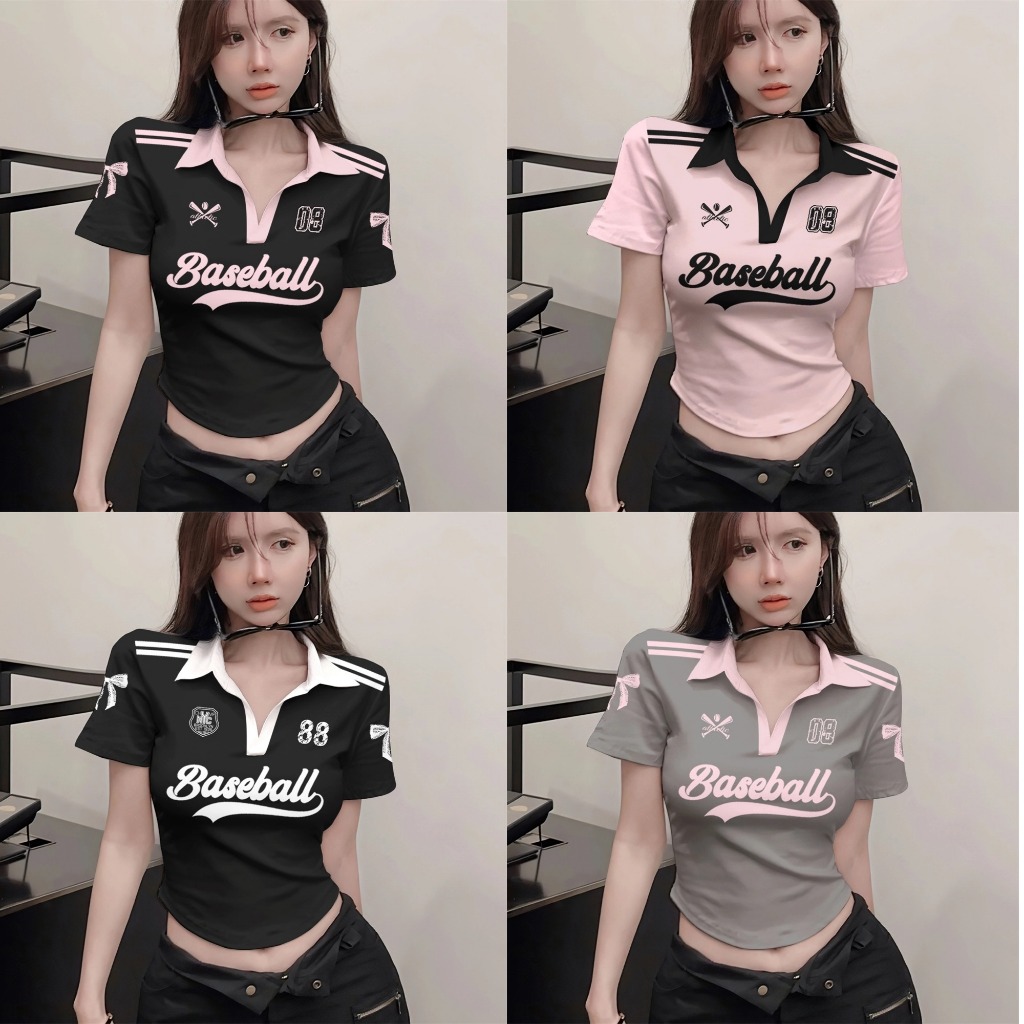 เกาหลีy2k BabyteeโปโลVคอCrop Topสีดําสีชมพูแขนสั้นเสื้อยืดสําหรับผู้หญิงฤดูร้อนเสื้อโปโลสั้นเซ็กซี่สาวร้อนSlim Fit Top Streetสวมใส่สําหรับสาว2025