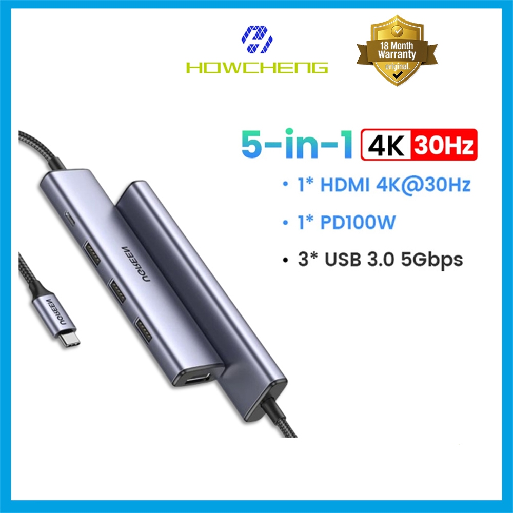 Ugreen ฮับ USB-C 5-in-1 4K HDMI 100W PD ชาร์จพอร์ต USB 3.0 0.2M/1.5M สายถัก