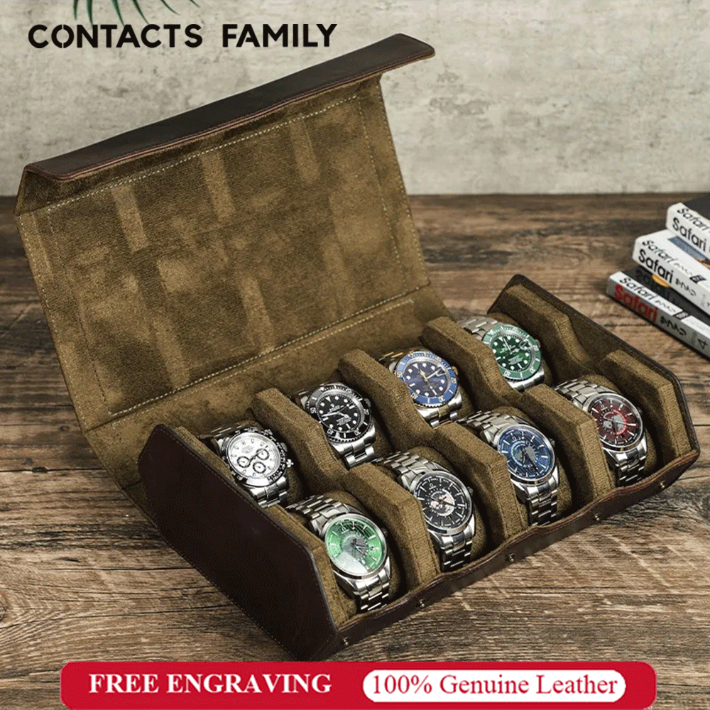 CONTACT'S FAMILY หนังแท้รูปหกเหลี่ยม 8 ช่องนาฬิกากล่องเก็บนาฬิกาผู้ชายยืนแสดงม้วน