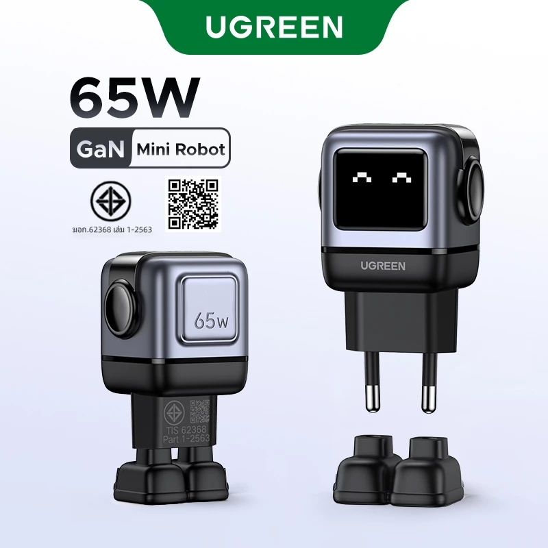 UGREEN Uno RoboGaN 65W USB C USB A Charger Mini Robot Nexode 3 พอร์ต GaN Fast Charger สําหรับ iPhone 18 Pro Max iPhone Duo iPhone 17 Pro Max iPhone 16 Pro Max 15/15 Pro Max 14/14 Pro Max/Macbook Air/iPad Pro/iPad Mini