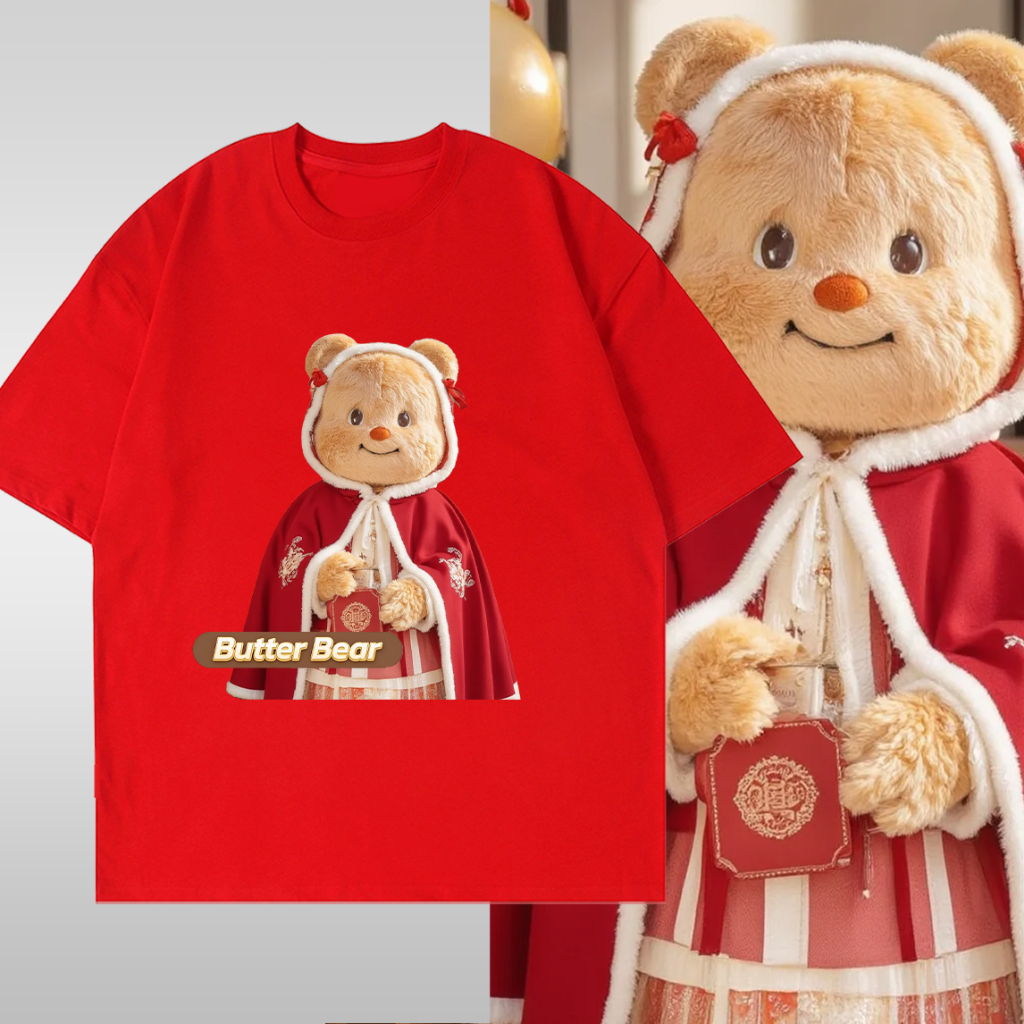 2025 เสื้อปีใหม่ น้องหมีเนย หมีเนย Butterbear Chinese New Yearสีแดง ใหม่ฤดู ลายน่ารักๆใส่สบาย ไม่หด ไม่ย้ S-5XL
