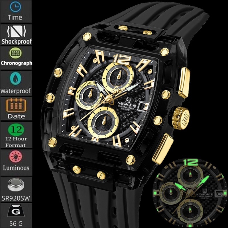 นาวีฟอร์ซ มือเรืองแสงธุรกิจกีฬานาฬิกาวันที่แฟชั่นสายรัดซิลิโคนบุรุษควอตซ์โครโนกราฟ 30ม กันน้ํา