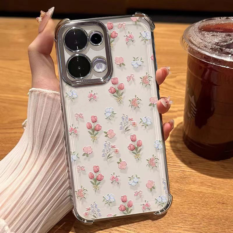 เคส OPPO Reno 13F 14 14F 12 13 11F Reno11 Reno10 5G เคส OPPO Reno 14 13 12 10 11 Pro 5G เคสสีชมพูขนาดเล็กเปลือกดอกไม้กันกระแทกพร้อมกล้องเลนส์ป้องกันเคสโทรศัพท์ถุงลมนิรภัยหนาวัสดุชุบกันกระแทก