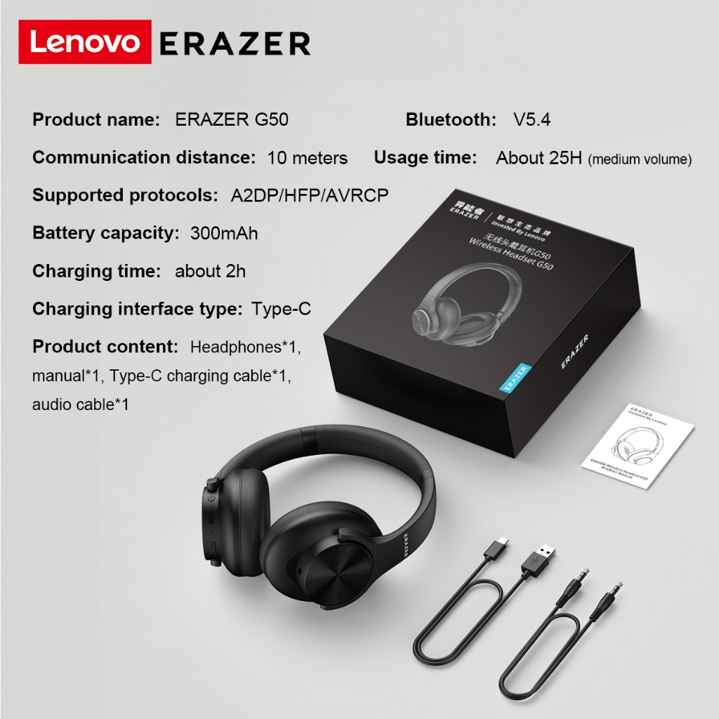 Lenovo Erazer G50  หูฟังครอบหู  Bluetooth 5.4 หูฟังบลูทูธ Low Latency Gaming Noise Reduction Headphone หูฟังครอบหู