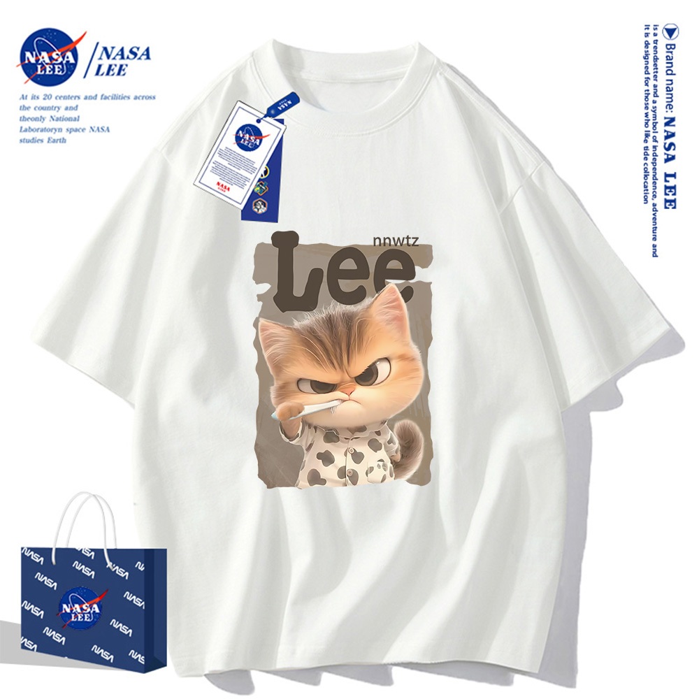 🔥จัดส่งในวันเดียว🔥เสื้อยืดแขนสั้น NASA- ลายแมวจ้องตา, ผ้า 100% คอตตอน ใส่ได้ทั้งชายและหญิง