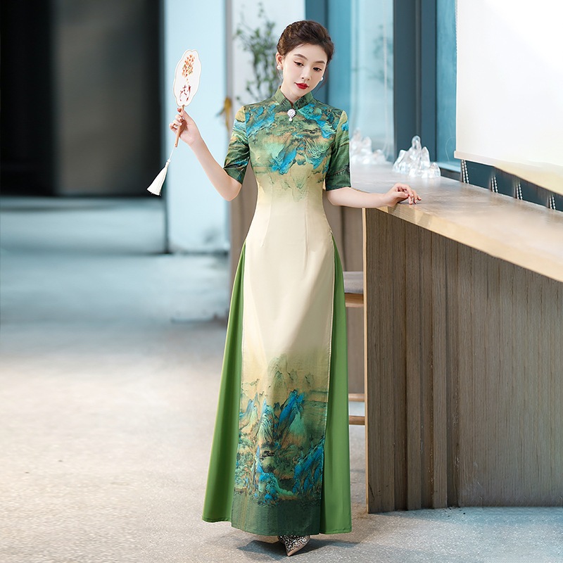 ผู้หญิงเวียดนาม Aodai ชุดตะวันออกดอกไม้จีนแบบดั้งเดิมพิมพ์ Cheongsam