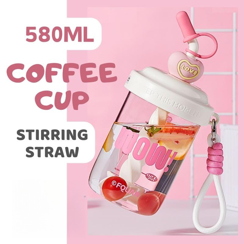 FQUAN(20oz) ขวดน้ำระเบิด แก้วกาแฟ+ถ้วยชา ดีไซน์ไวรัส แบบพกพา พร้อมเครื่องกวนดอกไม้และฟาง กันรั่ว สำห