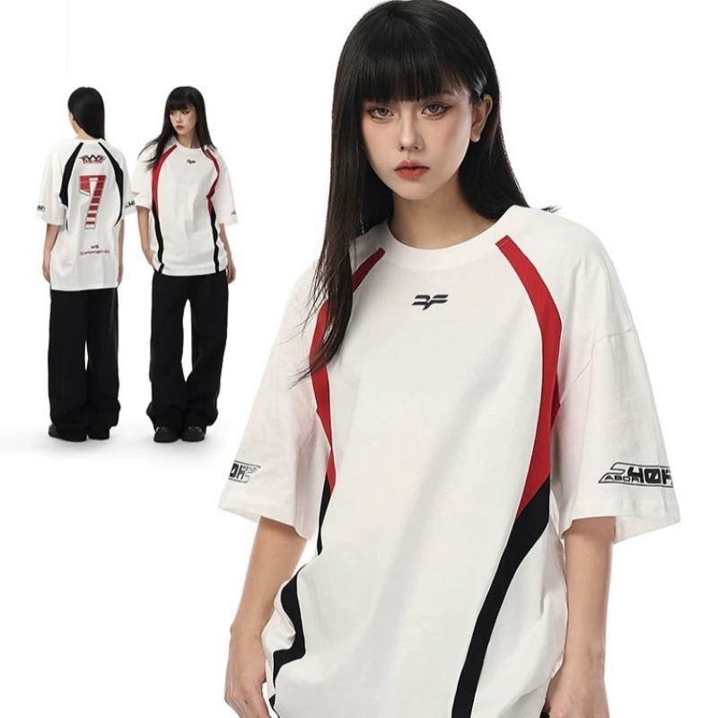 ProMan-แขนสั้นวินเทจสไตล์อเมริกัน   การออกแบบสีเย็บ  เสื้อยืดทรงหลวมสำหรับคู่รัก  ยอดนิยม