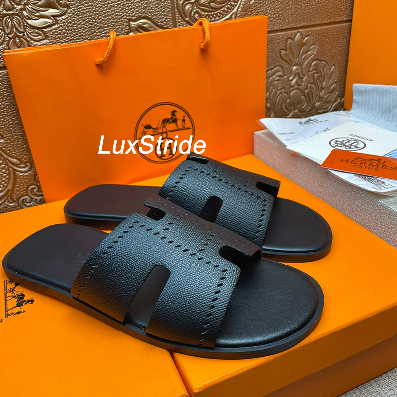 Herms รองเท้าแตะหนังคุณภาพสูงสําหรับผู้ชายแฟชั่น "H" รองเท้าแตะ Izmir รองเท้าแตะ