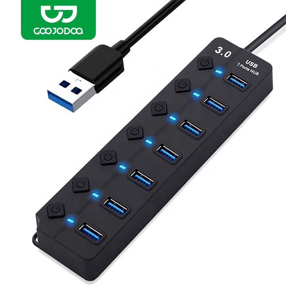 GOOJODOQ อะแดปเตอร์ฮับ USB 3.0 7 พอร์ต USB 3.0 หลายพอร์ต แบบพกพา พร้อมสวิตช์แยก LED แปลงข้อมูล 5Gbps สําหรับแล็ปท็อป PC