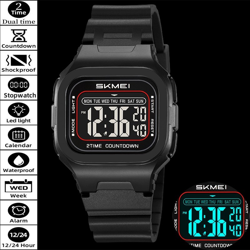 Skmei Mens LED นาฬิกากันน้ําพร้อมปฏิทินแฟชั่นสายรัด TPU 50M กันน้ํา LED Chronograph กีฬา Dual Time
