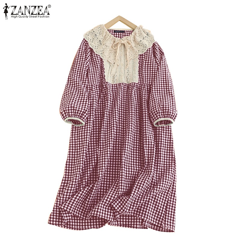 ZANZEA ซานเซีย ผู้หญิงชุดลําลองคอกลมแขนสามส่วนลายสก๊อต
