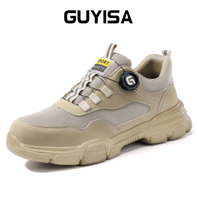 Guyisa รองเท้านิรภัยสําหรับผู้ชายรองเท้าทํางานสีกากีป้องกันการกระแทกแสงนุ่ม F135 37-46